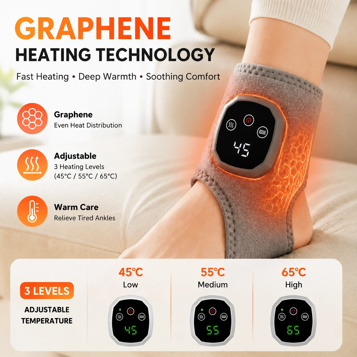 Smart Ankle Massager Graphene Heating Pad Vibration Massage Wrap Rechargeable Foot Care Device with 3 Modes Type-C Charging