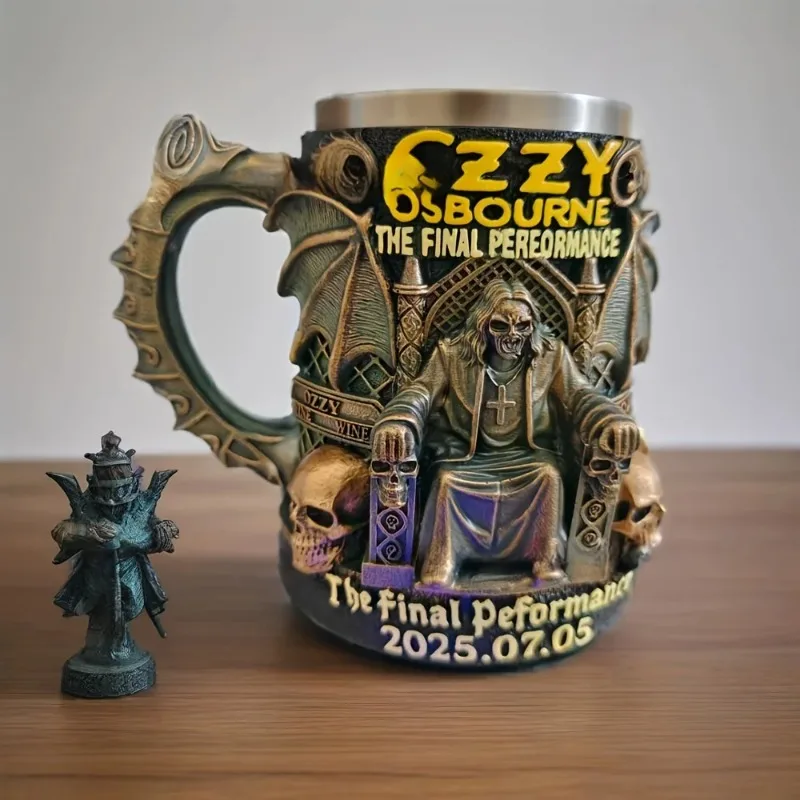 كوب Ozzy Osbourne The Final Performance ثلاثي الأبعاد من الفولاذ المقاوم للصدأ على شكل جمجمة كوب ماء للهالوين كوب علامة تذكارية هدية لمحبي الرجال #3