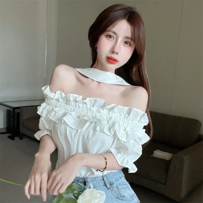 Summer New Sexy Off Shoulder Hanging Neck Chiffon Shirt Korean Fashion Folds Puff Sleeve Tops Female Elegant All Match Shirt