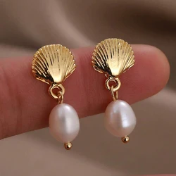 Vintage Shell Conch Gold Plated Post Earrings for Women Natural Pearl Charms Drop Ear Studs Summer Beach Holiday Jewelry Gifts