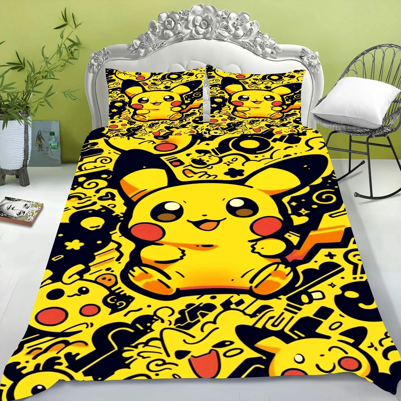 Pikachu 2/ 3 pieces cartoon mat sheet cute print mattress topper set bed sheet with pillowcase, home bedroom decoration 90x200cm