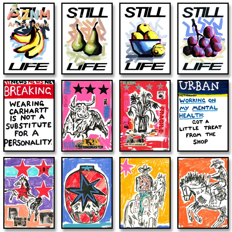 

AZNM Still Life Fruit Canvas Wall Art, Vintage Urban Mental Health Print Poster, Bold Cowboy Bull Illustration Unframed Painting