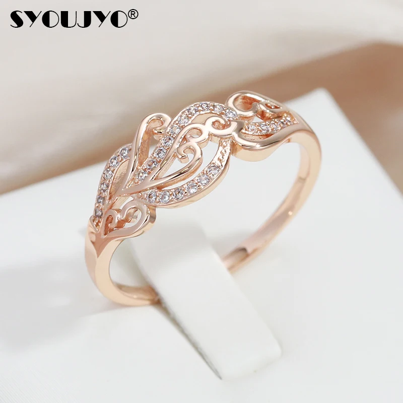 SYOUJYO Hollow Crystal Flower Women\'s Ring 585 Rose Gold Color Exquisite Pattern Natural Zircon Bride Wedding Fine Jewelry Rings