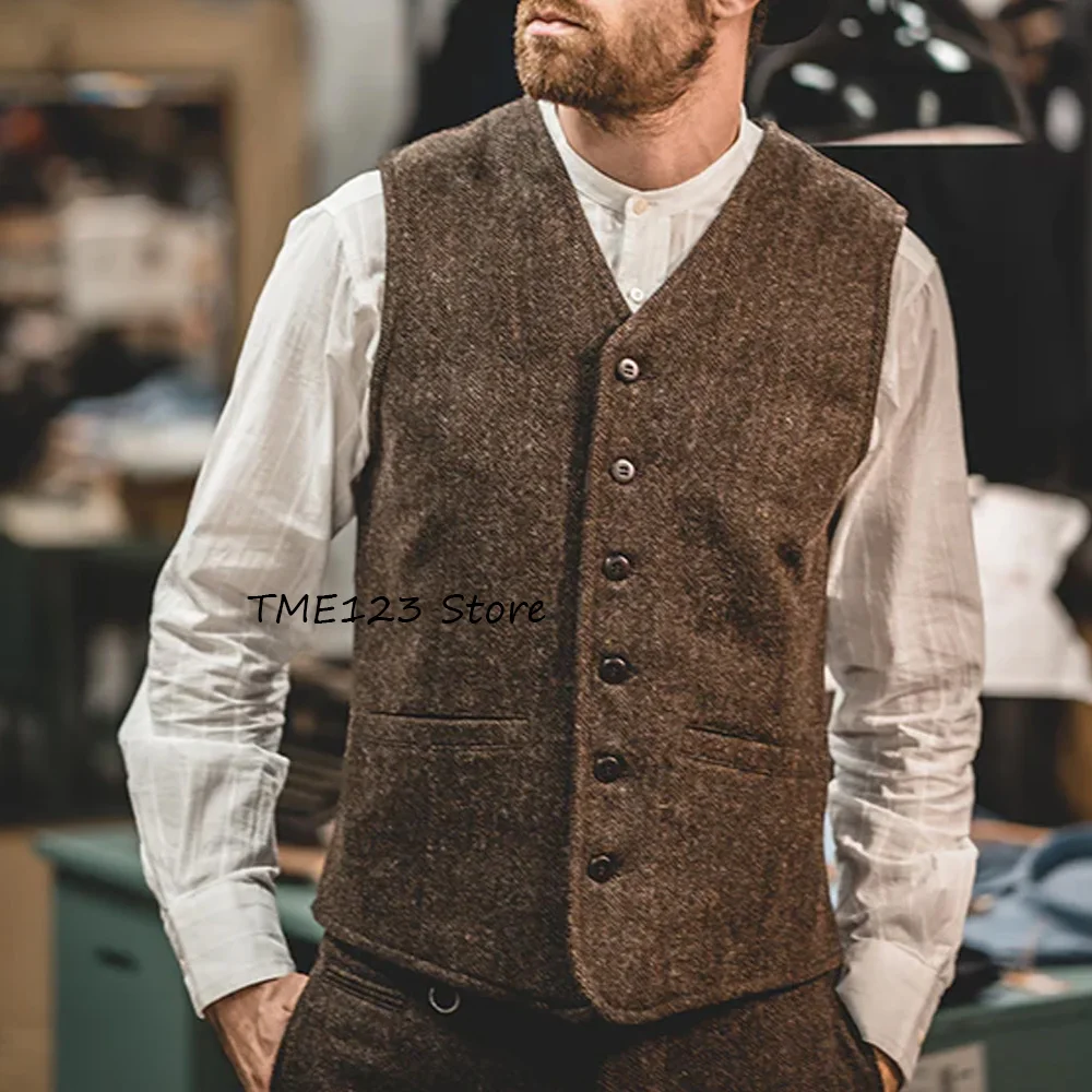 

Мужской классический жилет, мужской винтажный однобортный однобортный жилет из ткани «елочка», повседневный стиль, v-образный вырез, дизайн с одной карманой, элегантный костюм, необычный