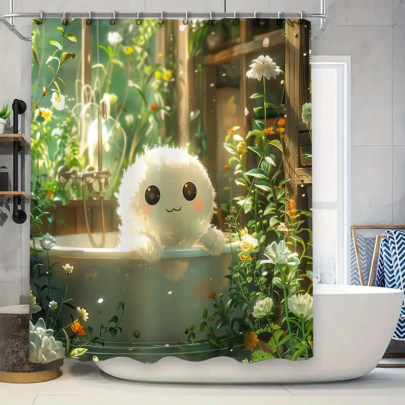 Adorable Cute Creature Shower Curtain for Bathroom - Soft and Plush Design with Floral Background Waterproof  Durable Easy-Clean