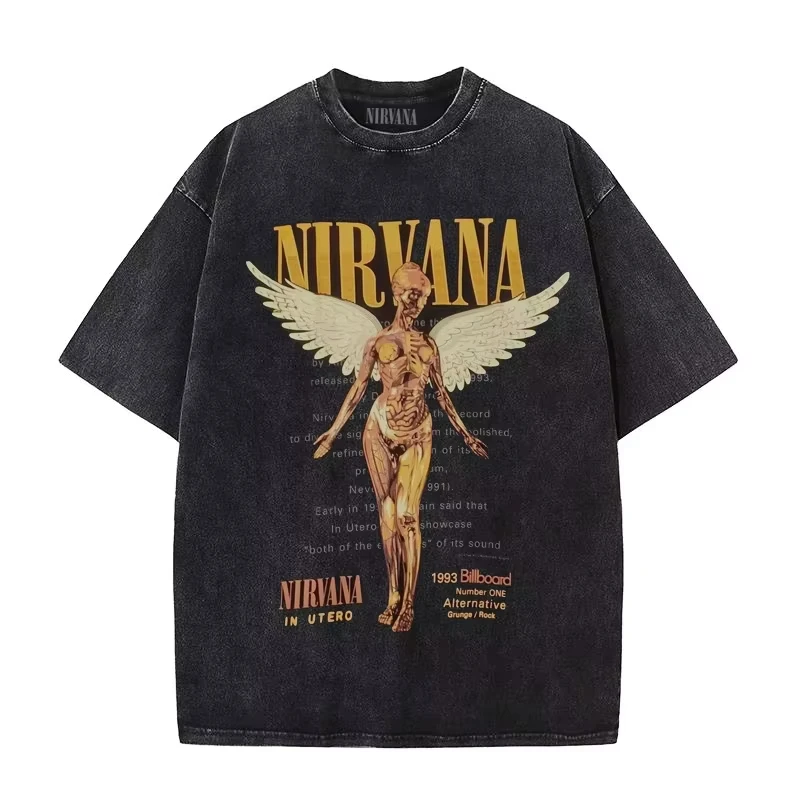 Nirvana Rock Band Men's Retro Cotton Washed Tee in Utero Album Man Women's Oversized Y2K Distress Short Sleeve Summer Unisex Top