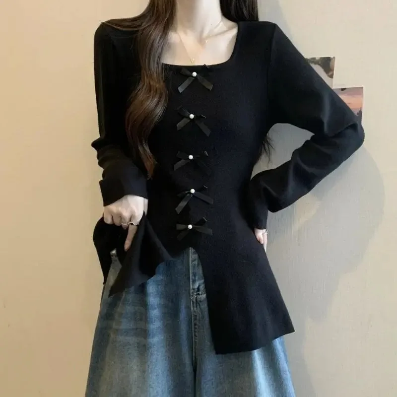 

Square Neck Bow Slit Long-sleeved T-shirt for Women Spring Autumn New Loose Slimming Top