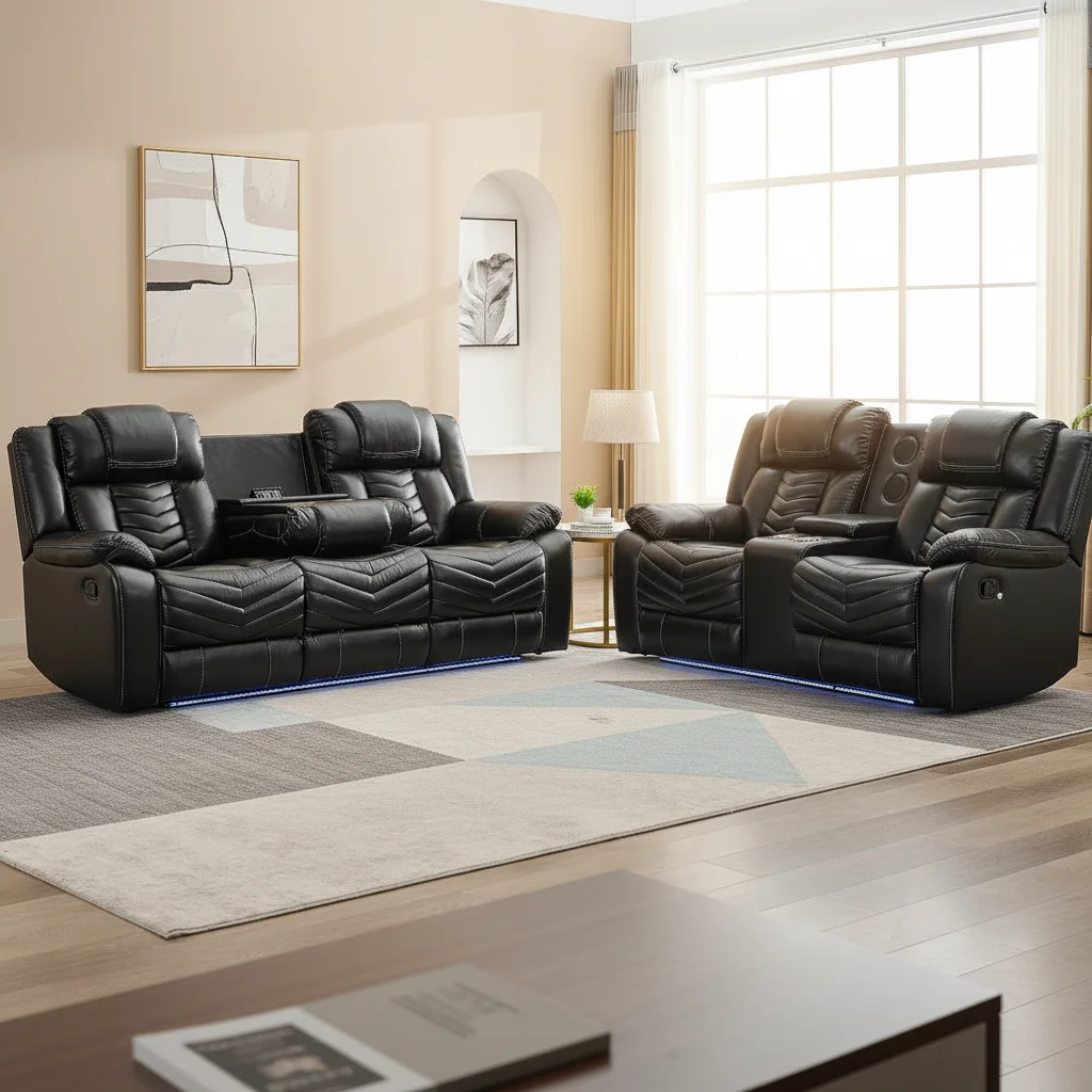 ！@Modern Leather Power Reclining Sofa Set Technical Loveseat with Wireless Charger & LED Strip Memory Foam Filled Black
