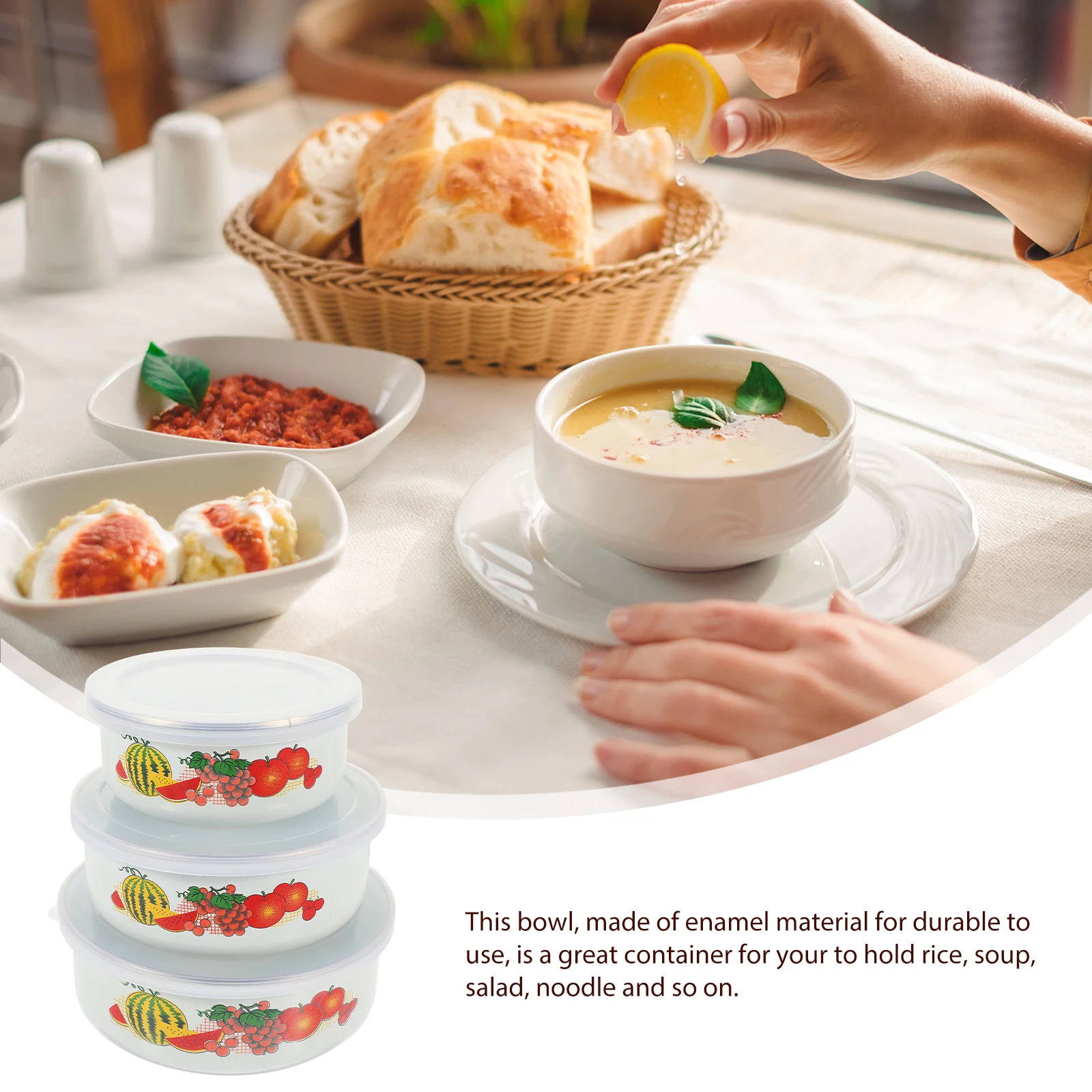 

3pcs Enamel Mixing Set Food Storage Container Salad Noodle Bowl With Lid Multifunctional Portable Refrigerator
