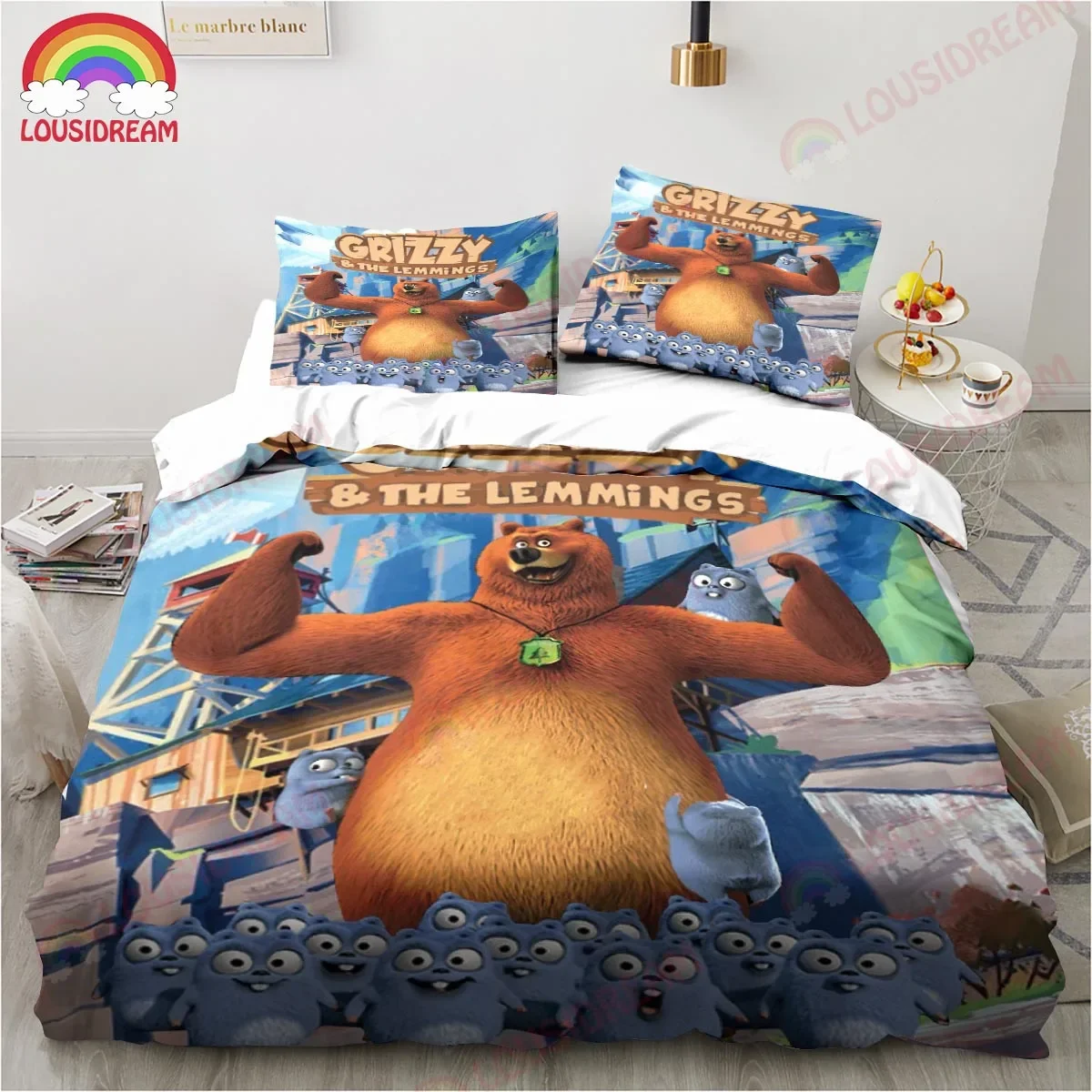 3D Print Cartoon Grizzy and The Lemmings Bedding Set King Twin Double Child Bedding Set Mircofiber or Polyester Duvet Cover Set