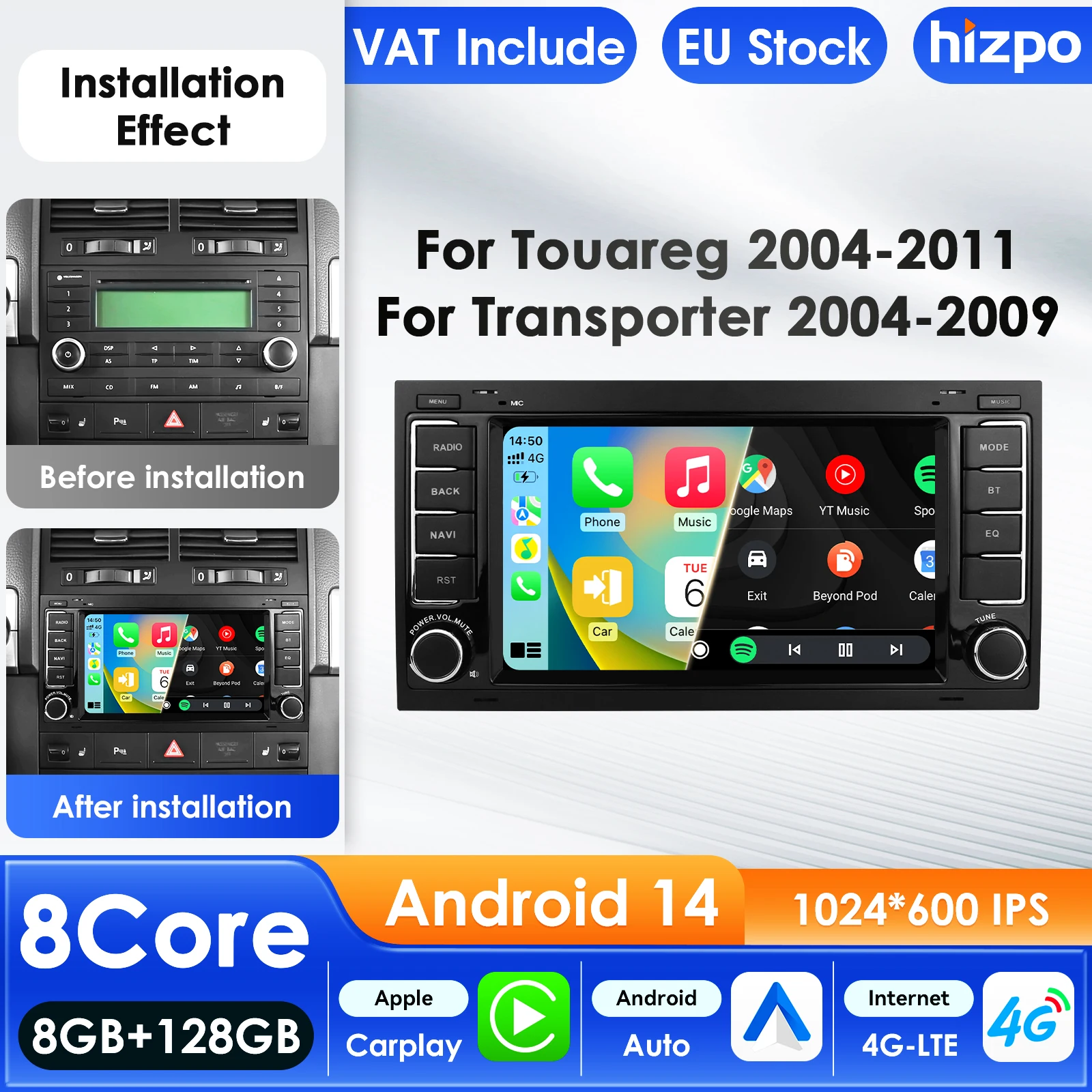Autoradio Hizpo Carplay 4G AI Systems Android 15 pour Volkswagen Transporter Touareg, lecteur multimédia vidéo GPS 2din, écran intelligent de 7 pouces, affichage QLED, unité principale automobile, navigation 5G WIFI DSP, ADAS, USB, DVR, SWC, FM, AM, RDS, caméra