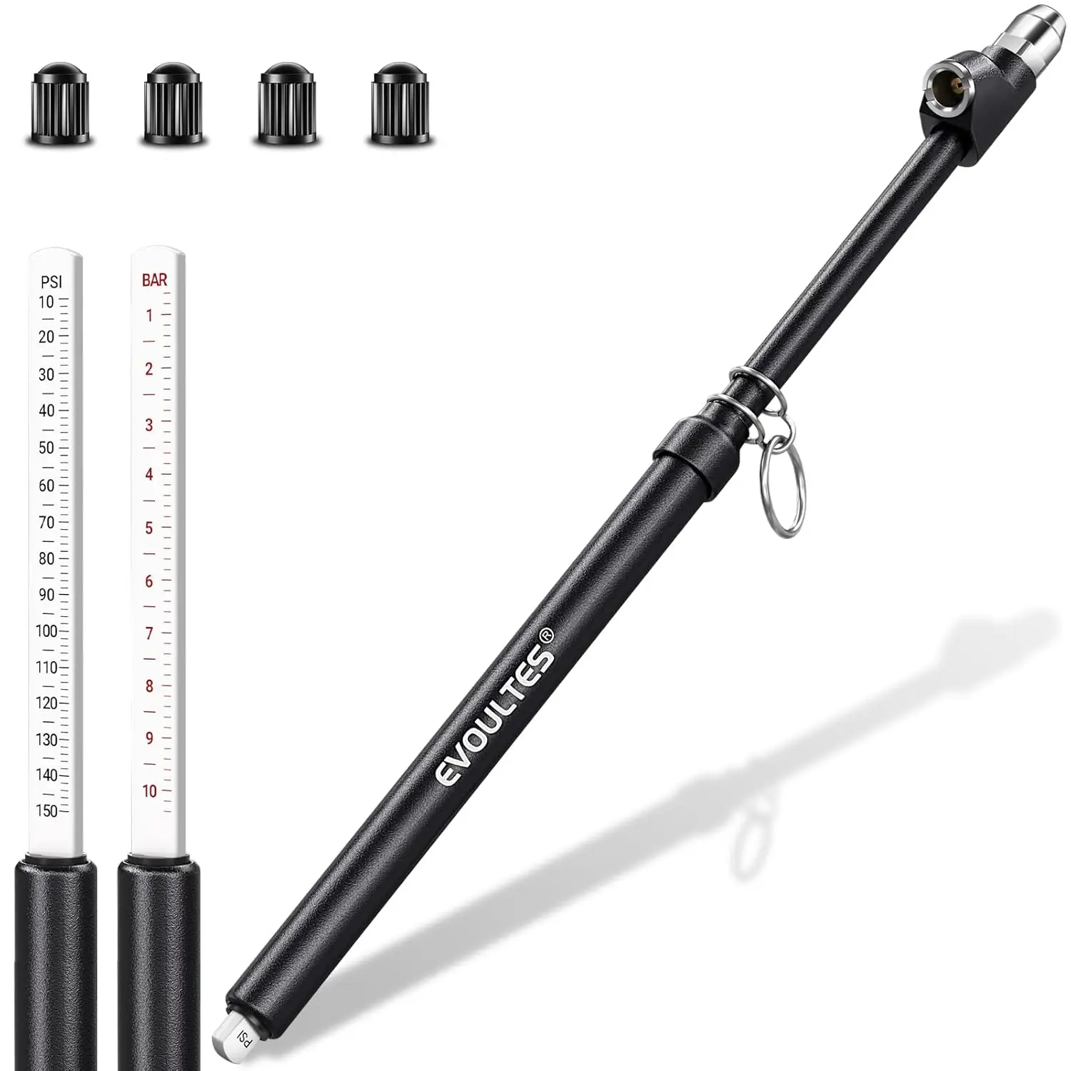 

EVOULTES Heavy Duty Tire Pressure Gauge, Straight-On Dual Head Air Pressure Gauge Range 10-150 PSI, Air Gauge & 4 Valve Caps, Semi Truck Tire Gauge for Truck, RV, Car