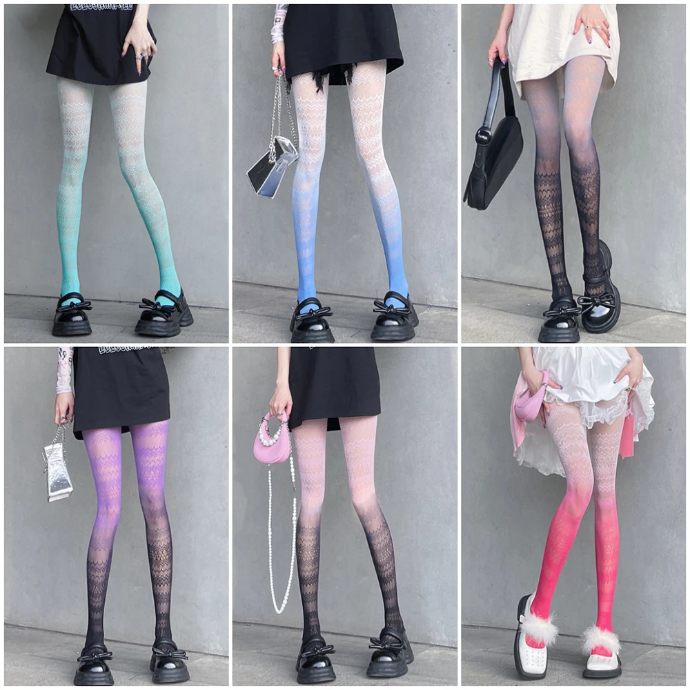 

Women New Gradient Color Silk Stockings Hollow Lace Jacquard Pantyhose Fashion Fishnet Stockings Sexy Harajuku Hosiery Tights