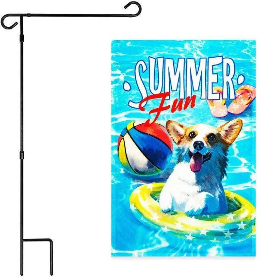 

Combo Pack Garden Flag Stand Black 36x16 Inch and Garden Flag Summer Fun with Dog in Pool 12x18 Inch