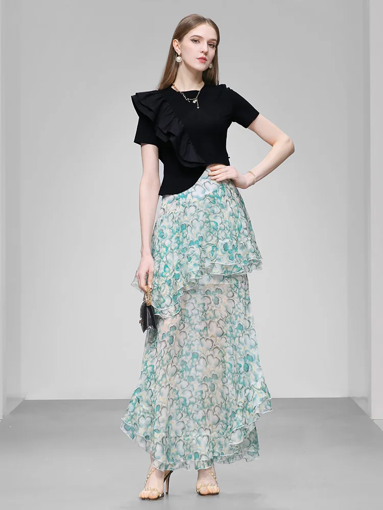 

2026 Summer New Faion Design Women's T-irt Skirt Set Ultra Fairy Print f Skirt Long Dr ort Sve round Ne High...