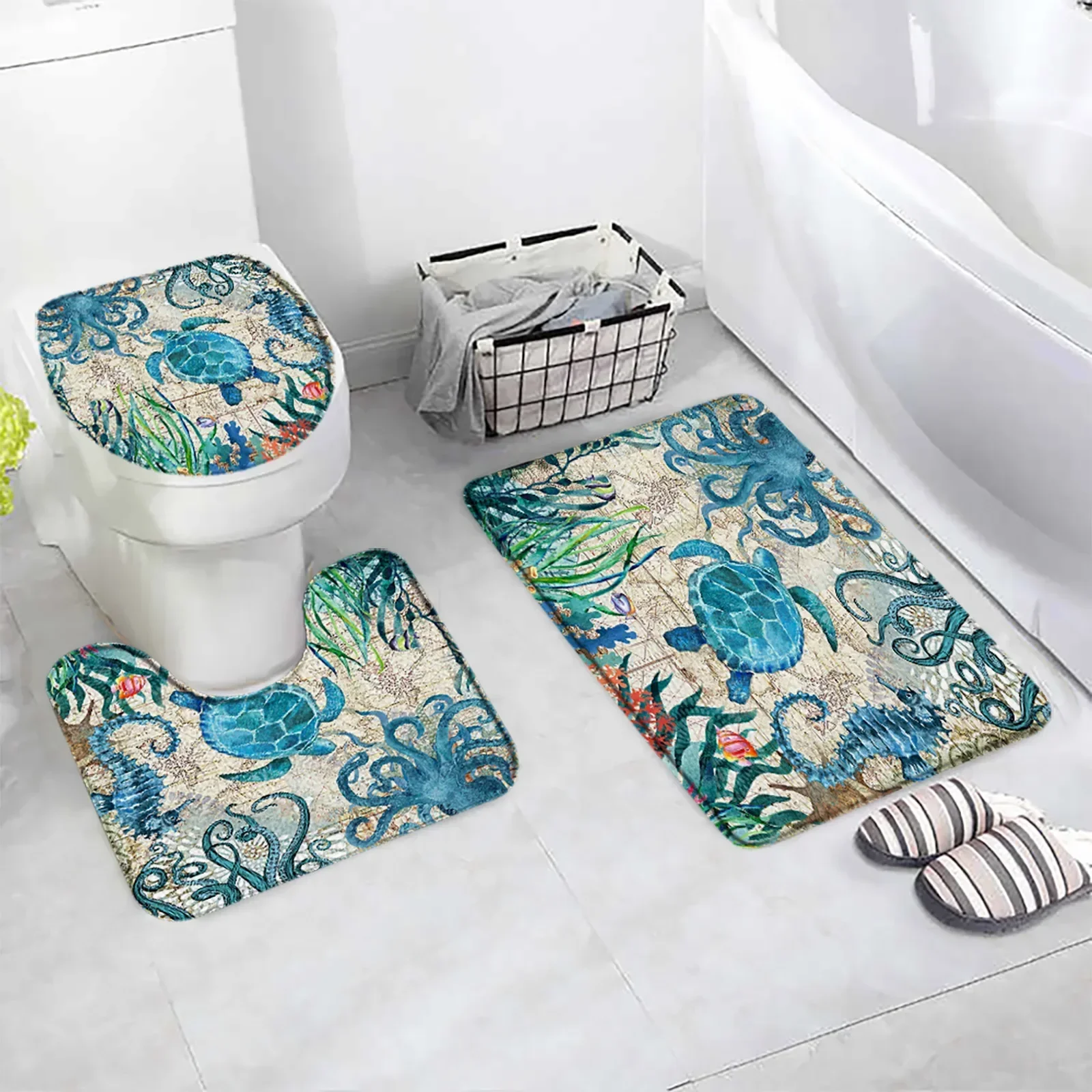 Ocean Animal Bath Mat Set Sea Turtle Octopus Seahorse Seaweed Vintage Nautical Map Bathroom Decor Non-Slip Rugs Toilet Lid Cover