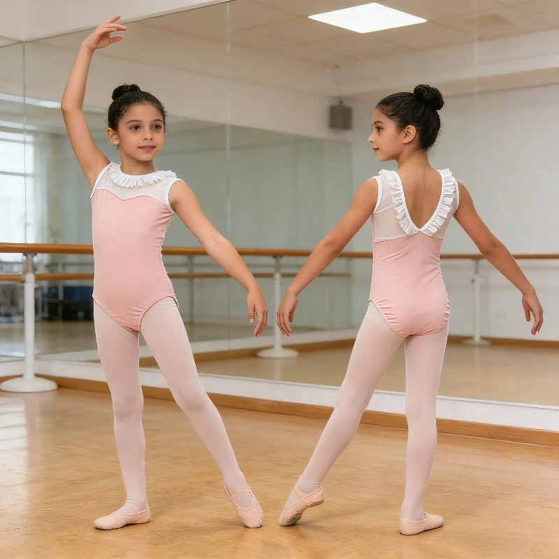 

Girls Ballet Leotard Tutu Dress Ruffle Mesh Back Dancewear Gymnastics Bodysuit Training Performance Leotards for Girls