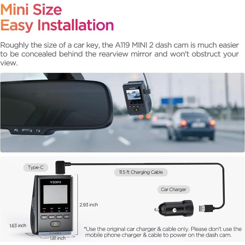 Dash Cam A119 Mini 2,  Dash Camera with 5GHz Wi-Fi GPS, Night Vision 2.0, 24H Parking Mode, Supercapacitor, Support 512GB Max
