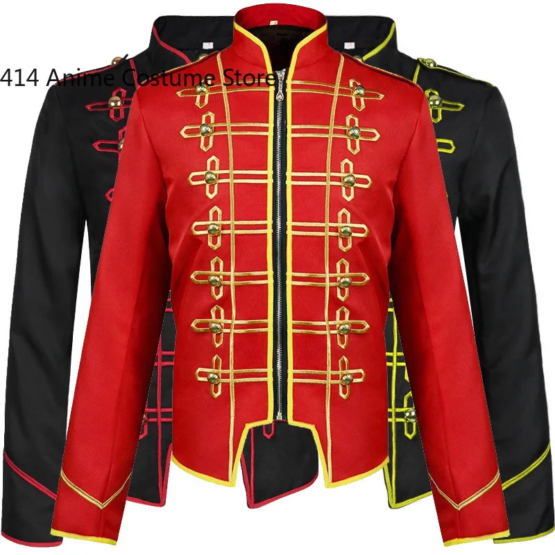 

Medieval Retro Men Jacquard Jacket Tops Steampunk Hussar Marching Band Military Drummer Parade Jacket Coat Cosplay Costume