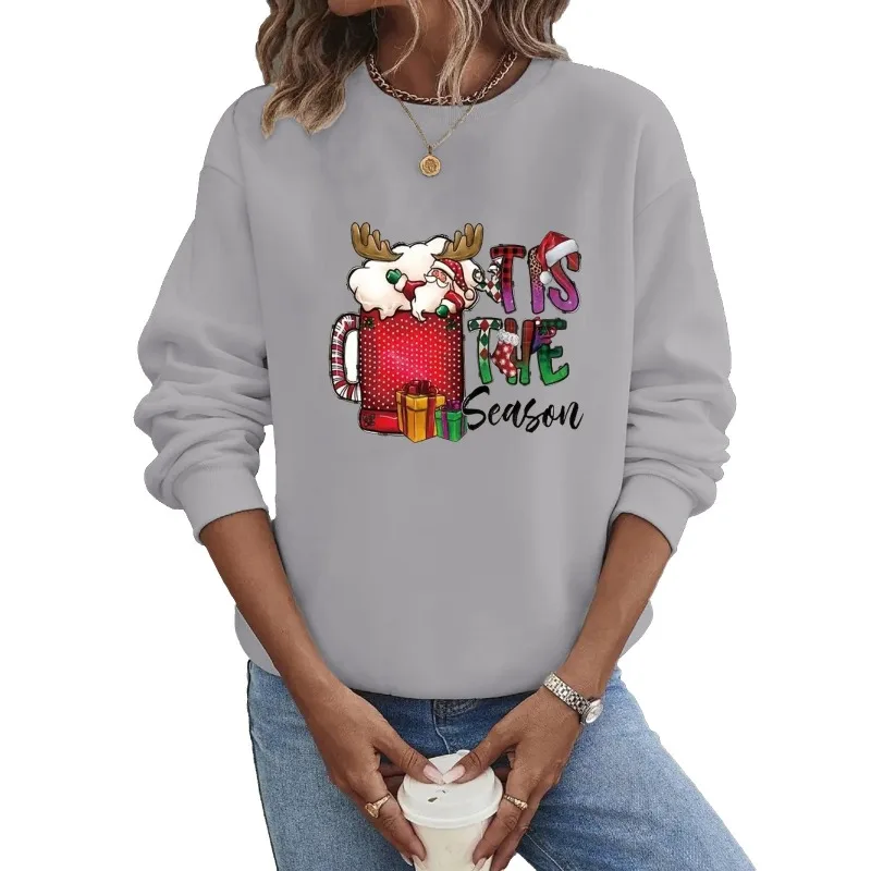 Felpa con cappuccio girocollo Stampa di lettere natalizie europee e americane Felpa nuovo stile Felpe Abbigliamento Streetwear Donna