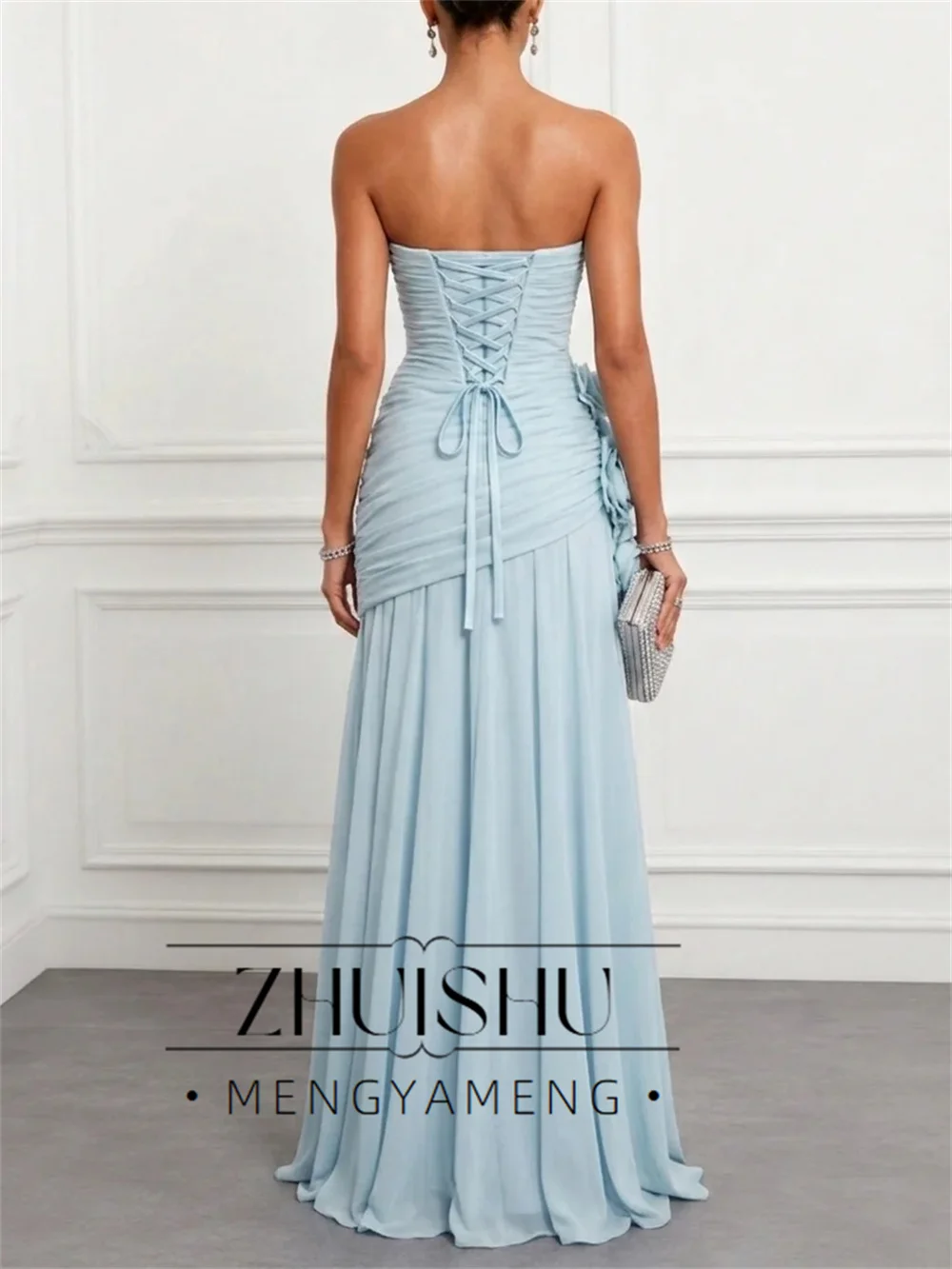 ZHUISHU Modern Chiffon Strapless Flowers Mermaid Evening Dress Pleat Sleeveless Lace-up Party Gown Robes De Soirée Customized