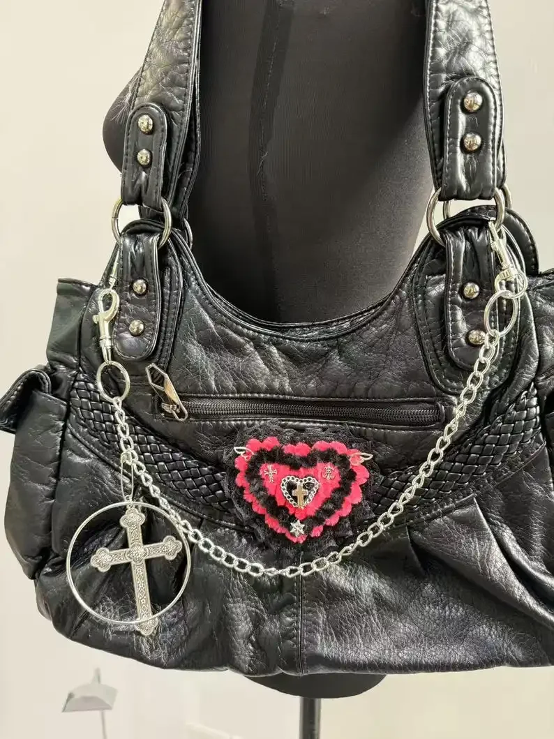 Women Black Faux Leather Grunge Handbag Large Capacity Punk Crossbody Tote Purse Y2K Gothic Heart Cross Chain Shoulder Bag