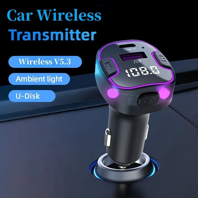 Bluetooth 5.3 Audio Transmitter Car Kit - Hands-Free, Fast Charging USB/Type-C, LED Ambient Light, Universal 3.1A Charger