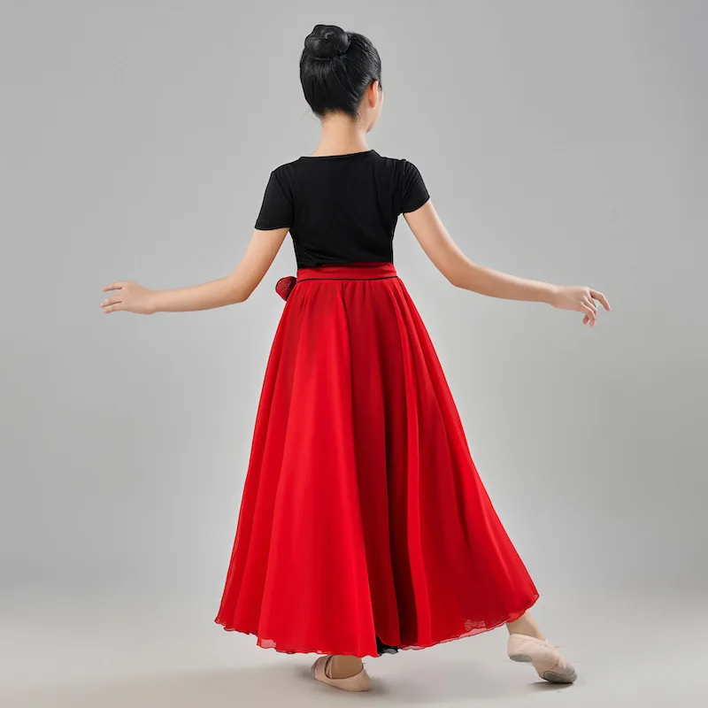 Jupe de danse flamenco en mousseline de soie pour filles, jupe longue taille haute pour enfants, vêtements d'entraînement de séparés euse, jupe de style chinois, robe de document solide, Louvain, 540