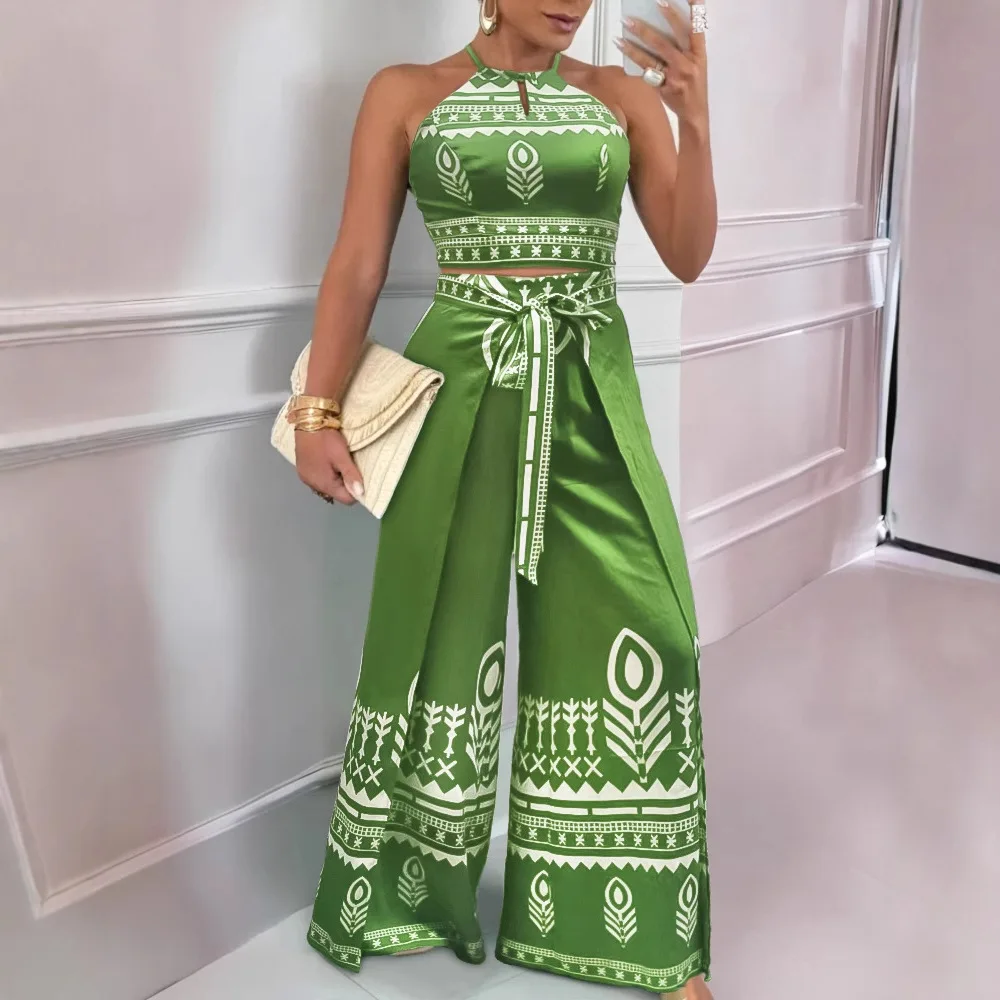 

Women Sexy 2 Pieces Outfit Floral Print Halter Lace Up Crop Tank and Casual Wide Leg Pants Set Loose