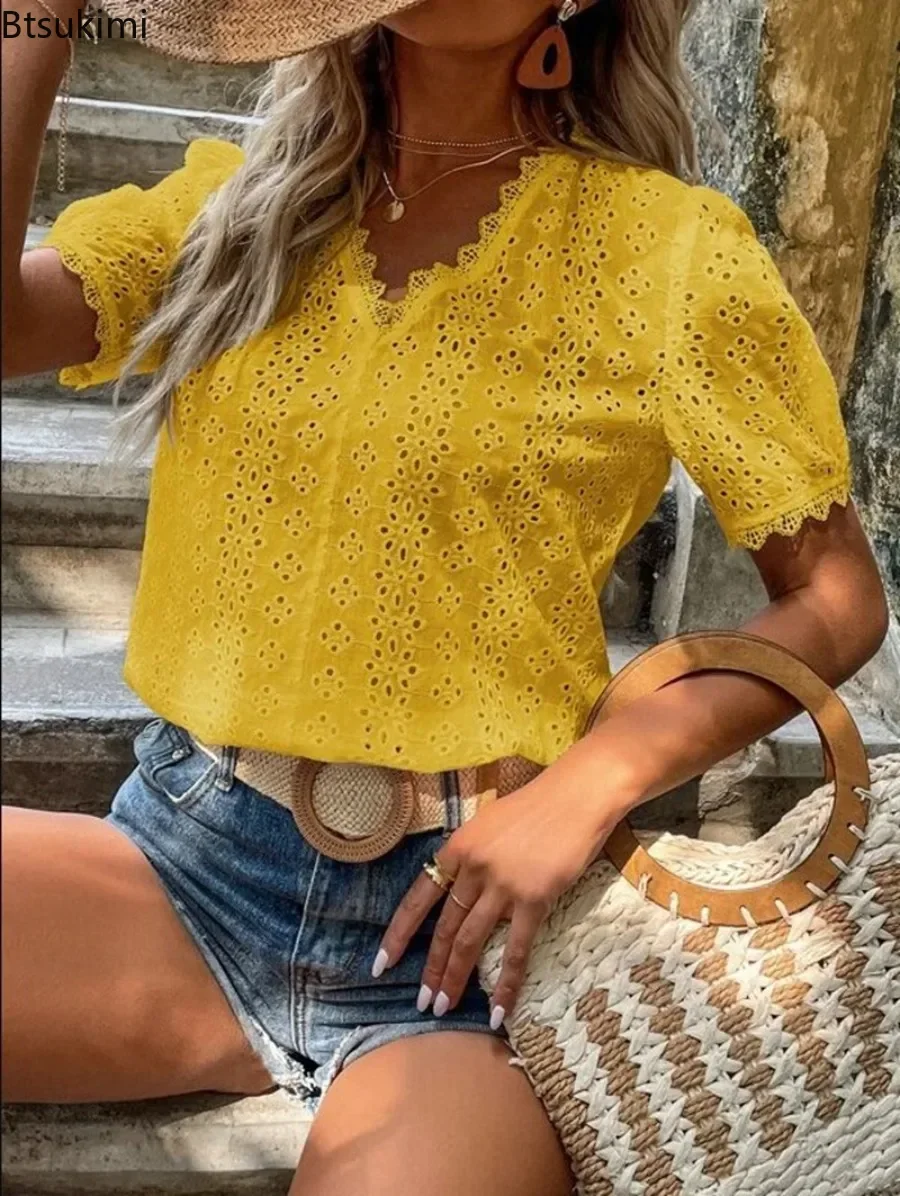 Sommer Neue Spitze Splice Aushöhlen Blusen für Frauen Mode Lose Kurzarm Baumwolle Atmungsaktiv V-ausschnitt Tops Elegante Hemd Femme