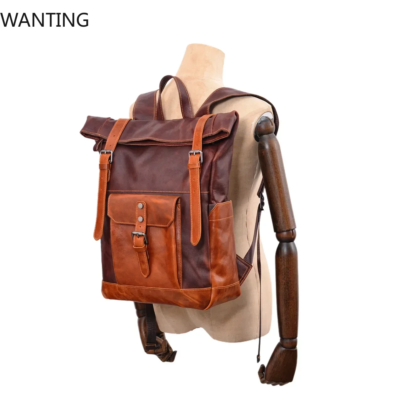 خمر صراع اللون الخضار المدبوغة حقيبة جلدية للرجال حقيبة كمبيوتر سعة كبيرة في الهواء الطلق المرأة حقيبة ظهر للسفر #2