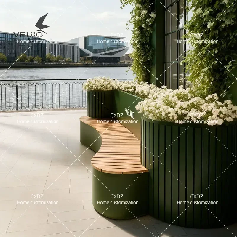 Outdoor Wrought Iron Flower Box Bench with Wood Plastic Composite Seat Creative Irregular Design for Villa Courtyard Terrace