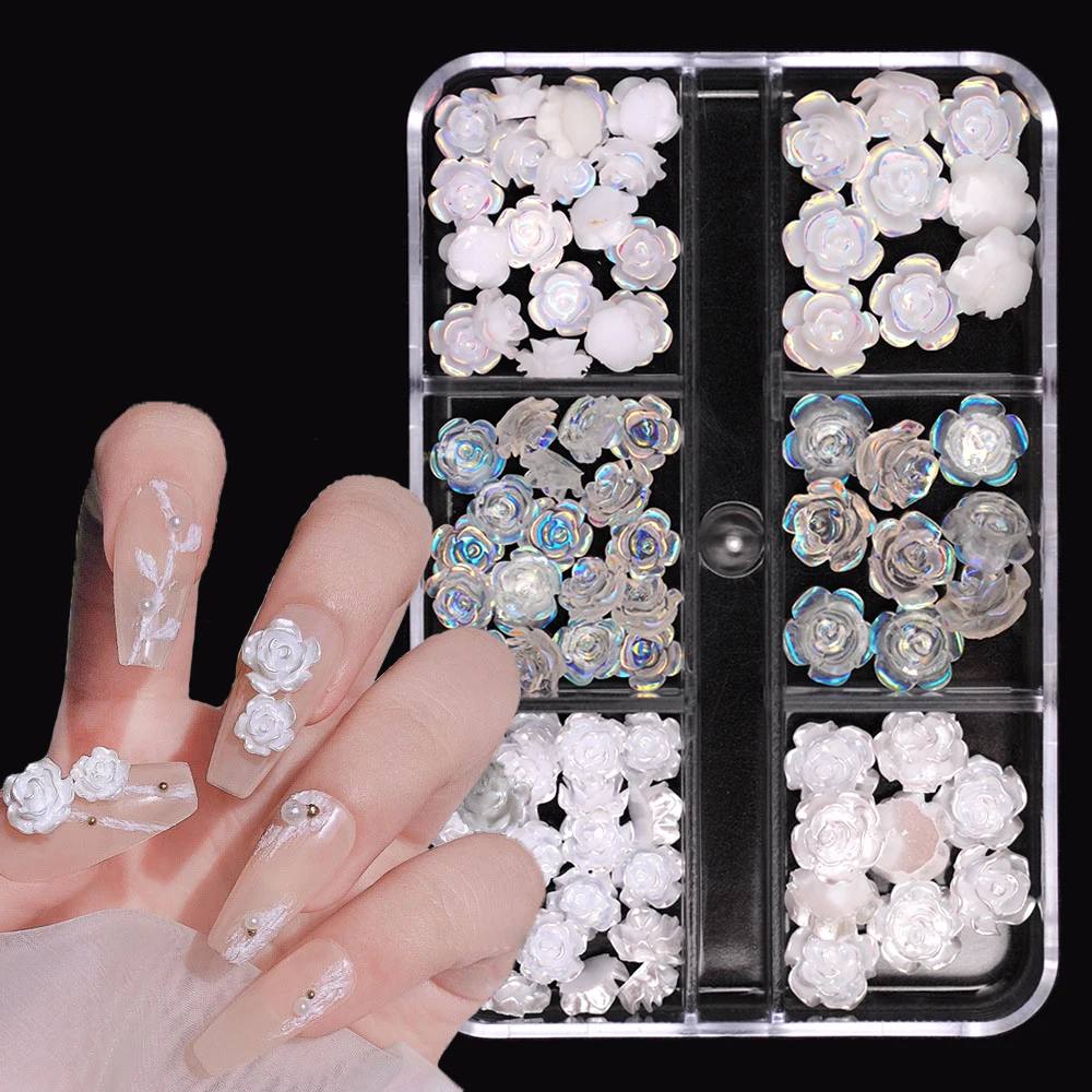 3D 화이트 오로라 동백 네일 아트 매력 라인 석 90PCS 쥬얼리 아크릴 수지 장식 DIY 공예 꽃 매니큐어 디자인