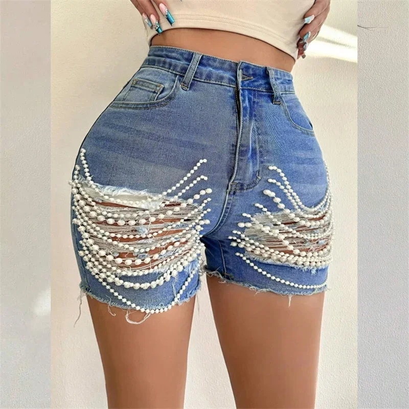 Women Beading Patchwork Decoration Denim Shorts Summer Hip Lift High Waist Three Quarter Pants Female Commuter Casual Mini Jeans