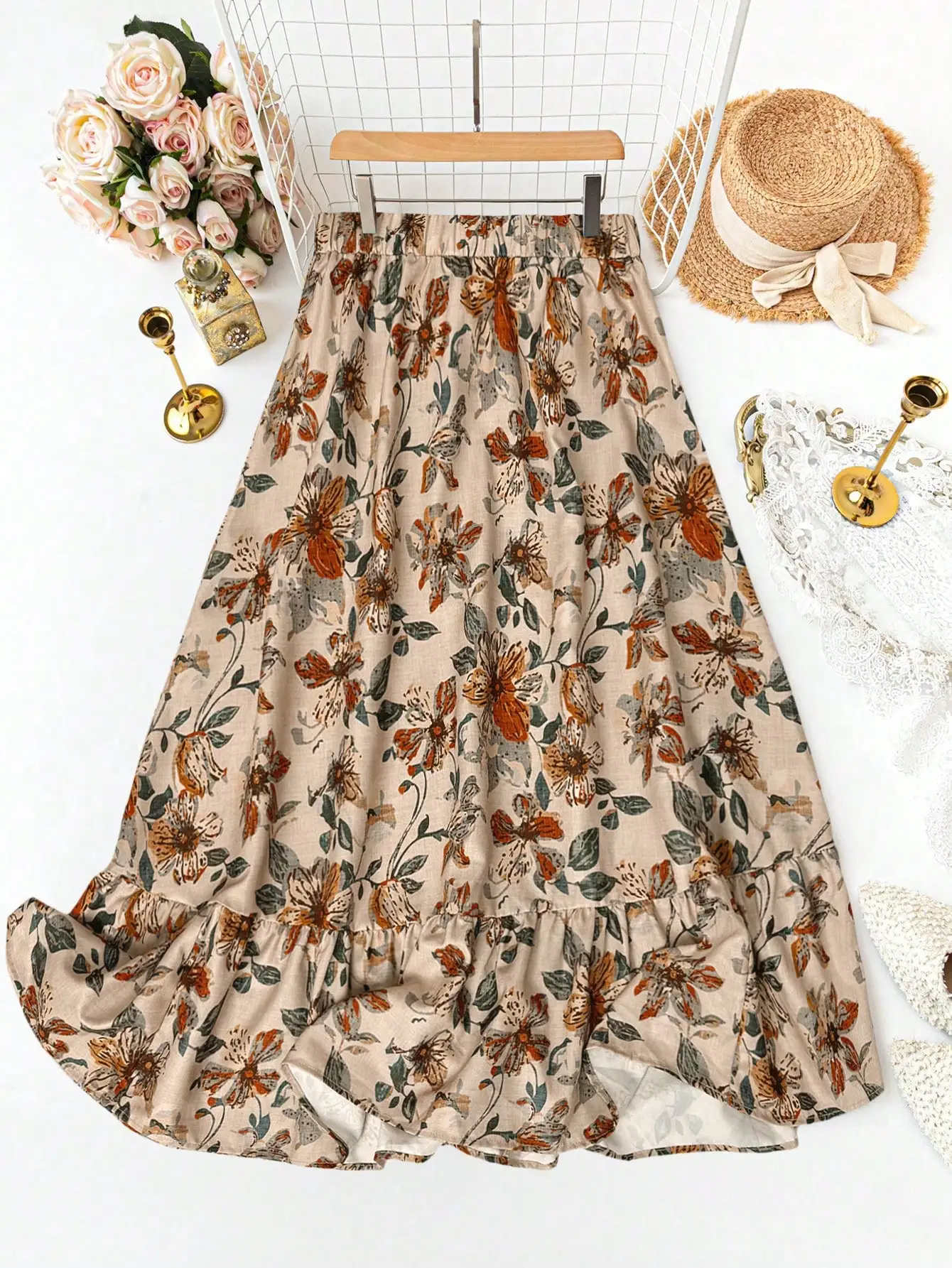 

Юбка миди с цветочным принтом и рюшами по низу, свободного кроя, для повседневной носки осенью