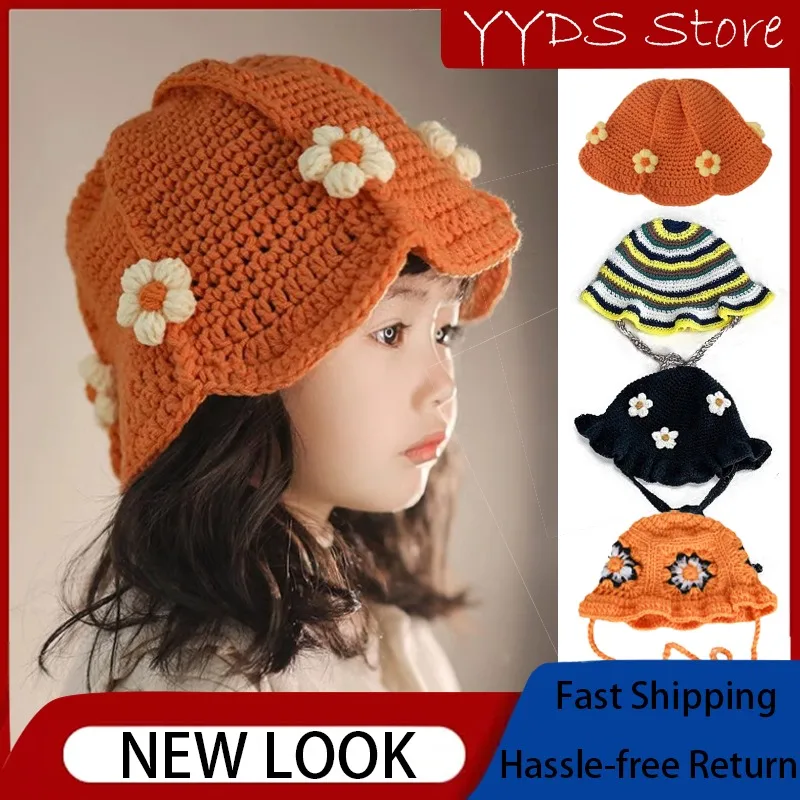 

New Children's Handmade Woolen Crochet Hat for Winter Cute Flowers for Parents and Children To Keep Warm Bucket Hats