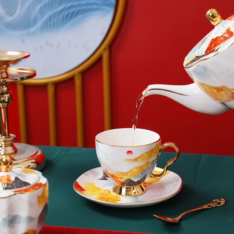 طقم قهوة صيني جديد على الطراز الصيني، فنجان قهوة، طبق، ملعقة، طقم شاي، كوب شاي، إبريق شاي، مجموعة علب هدايا #3