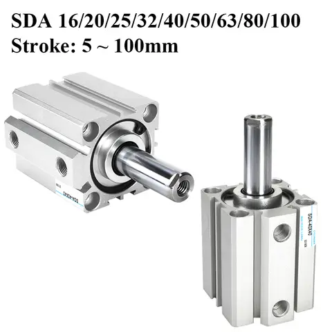 SDA16 SDA20 SDA25 SDA32 SDA40 SDA50 SDA63 SDA80 Stroke 5 to 100mm Double Acting Air Pneumatic Thin Compact Piston Cylinder