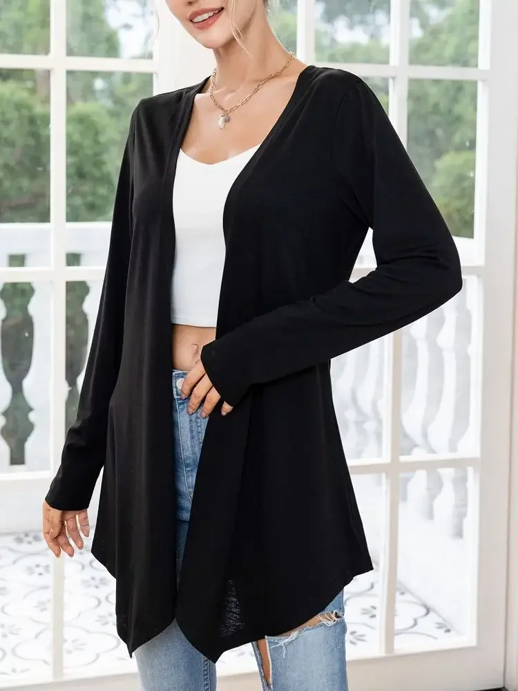 

Women's New Spring Fashion Temperament Plus Size Solid Color Long Sleeved Cardigan Long Top