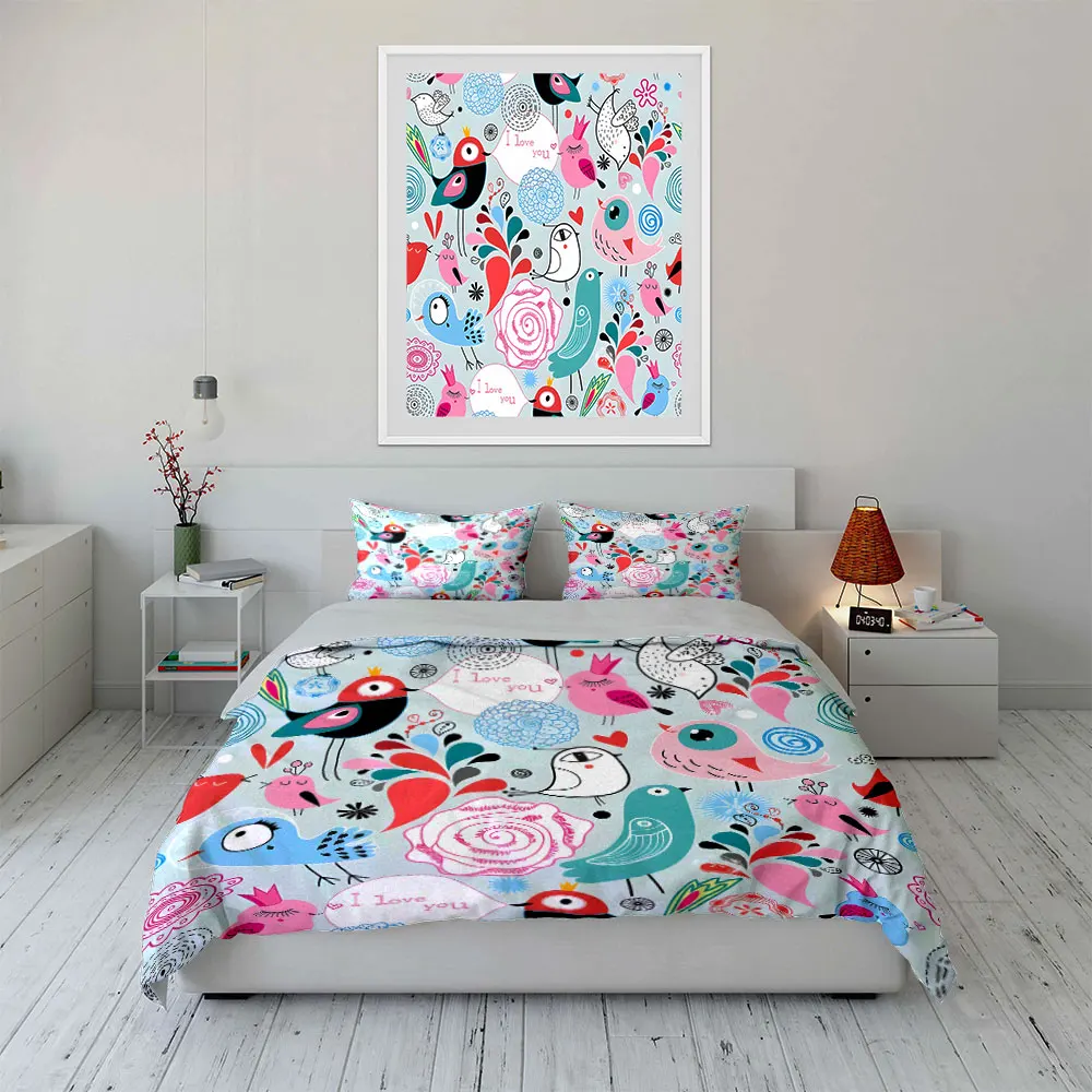 Cute birds and floral decor illustration Print Soft Comfortable Duvet Cover Bedding Set Included 1*Duvet Cover  2*Pillowcases