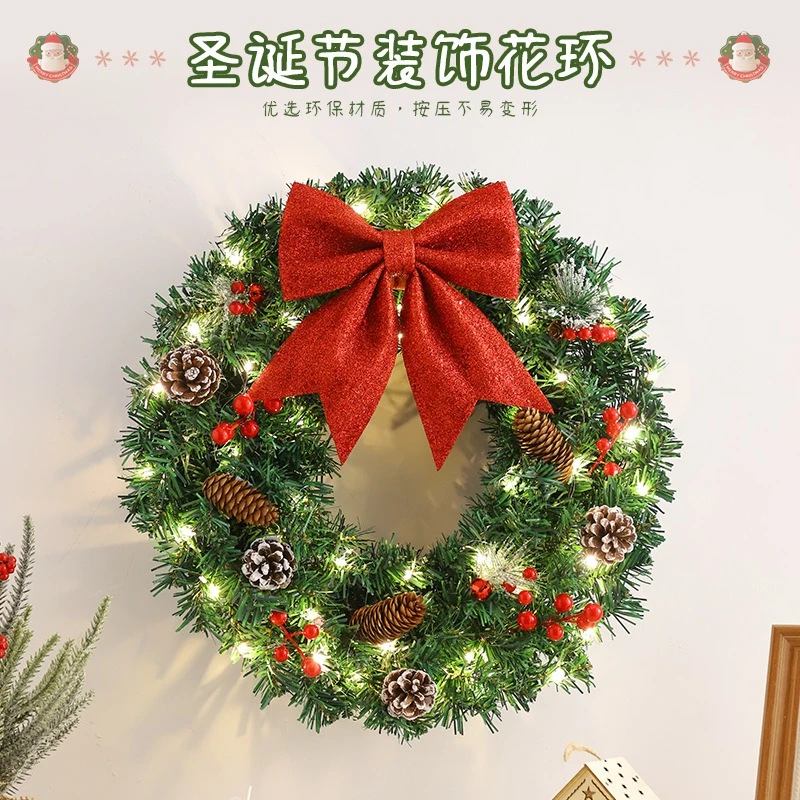Lighted Christmas Wreath with Red Bow Pine Cone Berry Front Door Wall Xmas Decoration