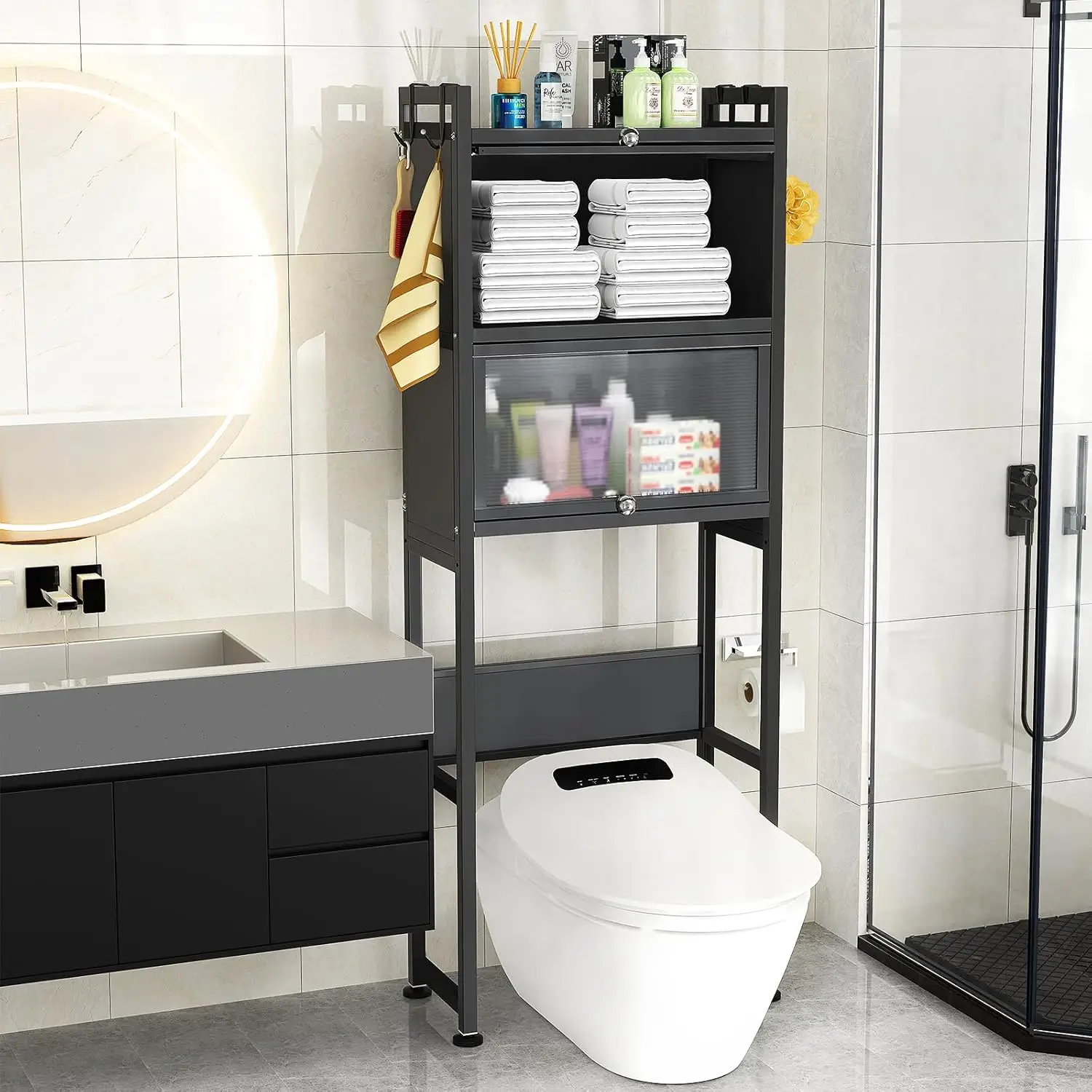 

Over The Toilet Storage Cabinet,3-Tier,Bathroom Toilet Organizer,Waterproof, Cabinet Door Design,Freestanding Space Save