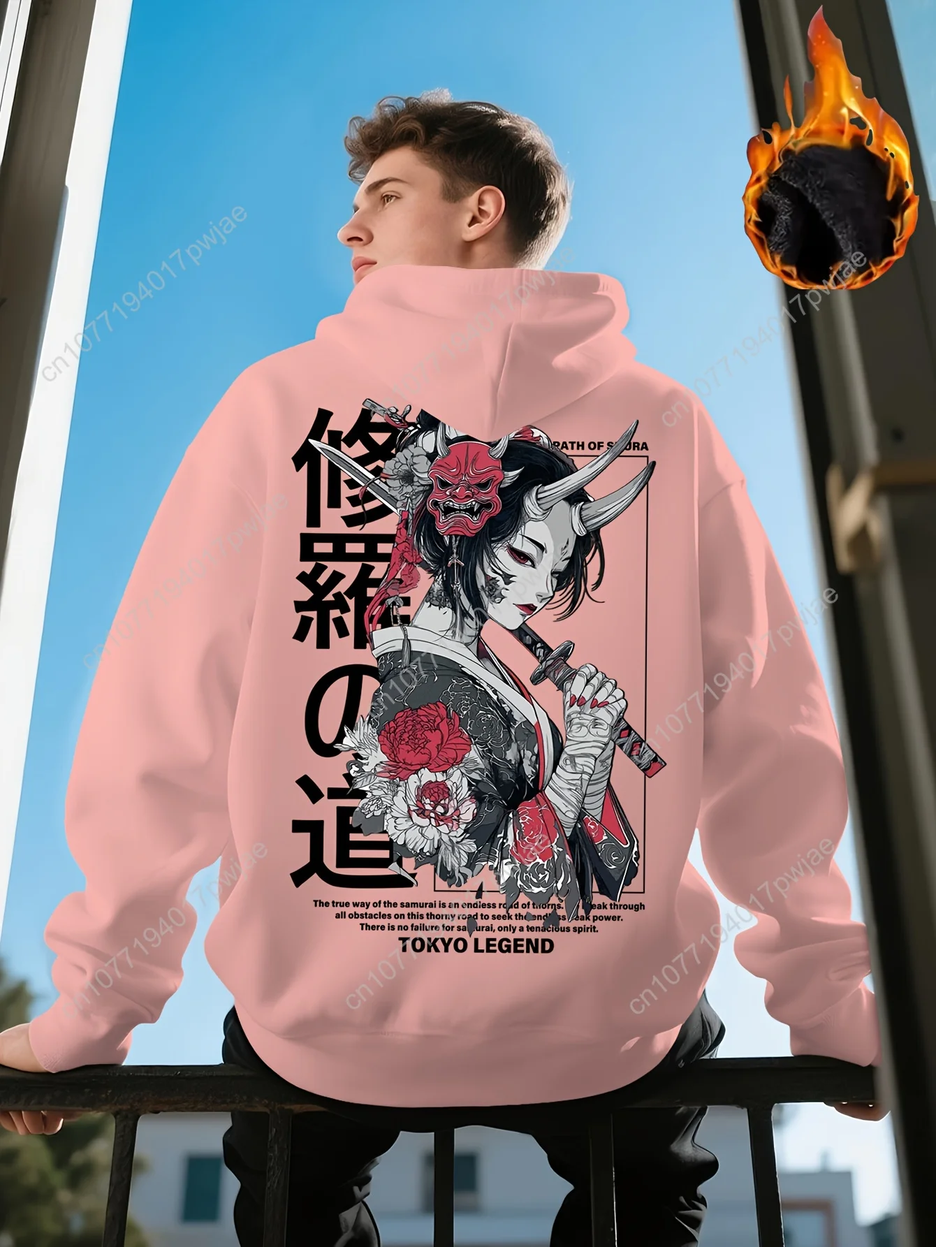 Sweat-shirt à capuche avec motif de guerrier samouraï pour hommes, style streetwear Y2K avec fleurs de cerisier et imprimé Katana, ample
