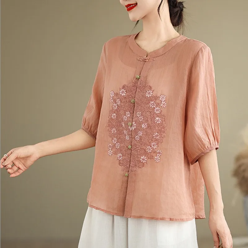 Chinese Style Casual Shirt Women New Arrival 2024 Summer Vintage Floral Embroidery Loose Female Half Sleeve Tops Shirts B3874