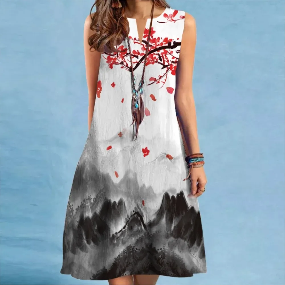 Retro Floral Print Mini Dress 2025 Women V-neck Sleeveless Sexy Gradient Striped Printed A-Line Dress Bohemia Beach Sundress New