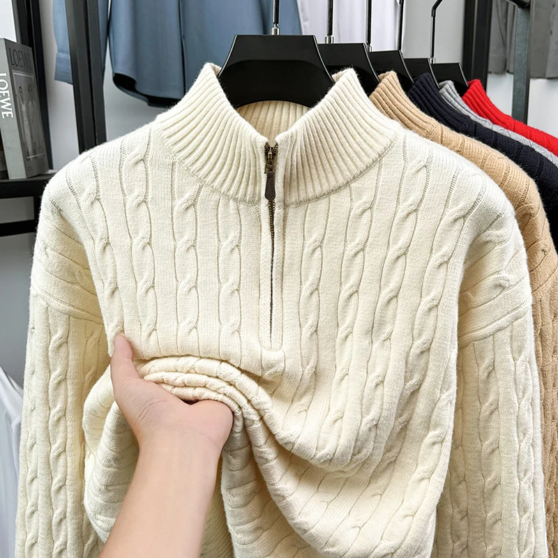 

New Winter Half High Collar Zipper Sweater Men's Thickened Casual Fried Dough Twists Knit Warm Retro Top