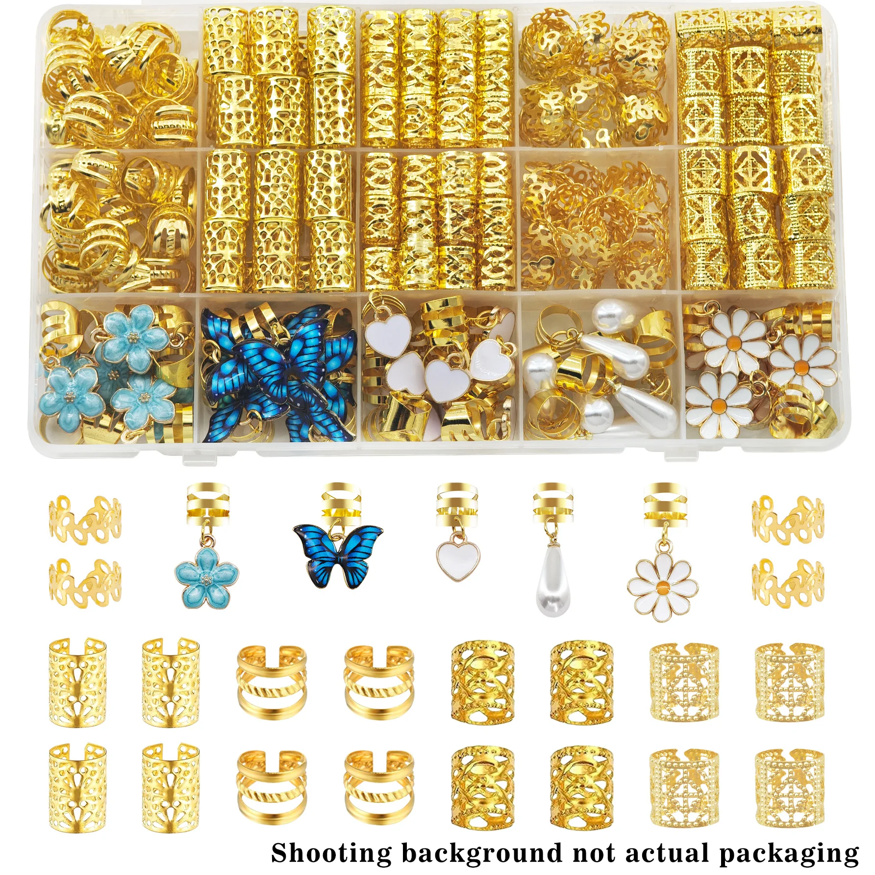 95pcs Floral Fantasy Hair Ring with White Heart,Pearls,Daisy,Blue Butterfly and Camellia Multi-Shape Adjustable Jewelry Braid
