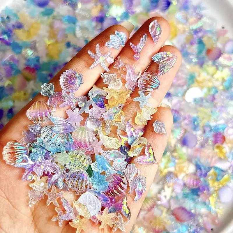 50Pcs/bag 3D Conch Shell Nail Charms Colorful Jellyfish Ocean Resin Translucent DIY Nail Art Decorations