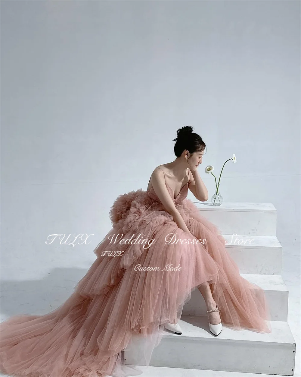 TULX Fairy Tulle Evening Dress Korea Wedding Photo Shoot V Neck Strap A line Long Tiered Bridal Party Dress Corset Customized