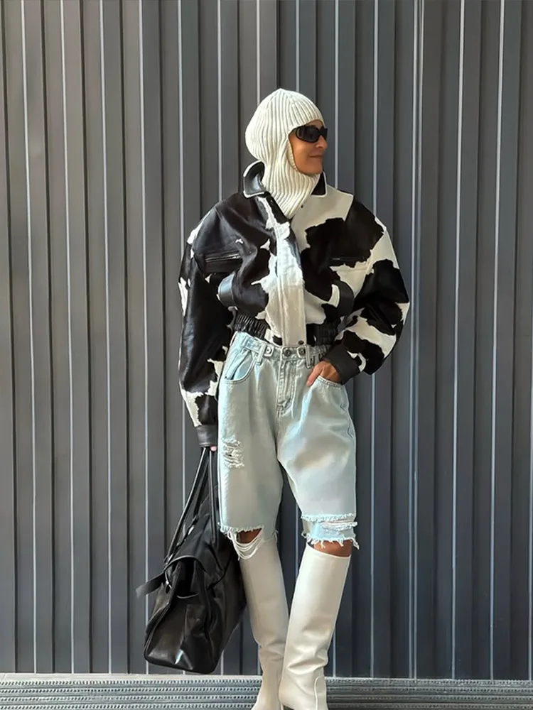 Cow Patterned Stand Up Collar Short Jacket Women Fashion Chic Zipper Loose Jackets Lady New Autumn C